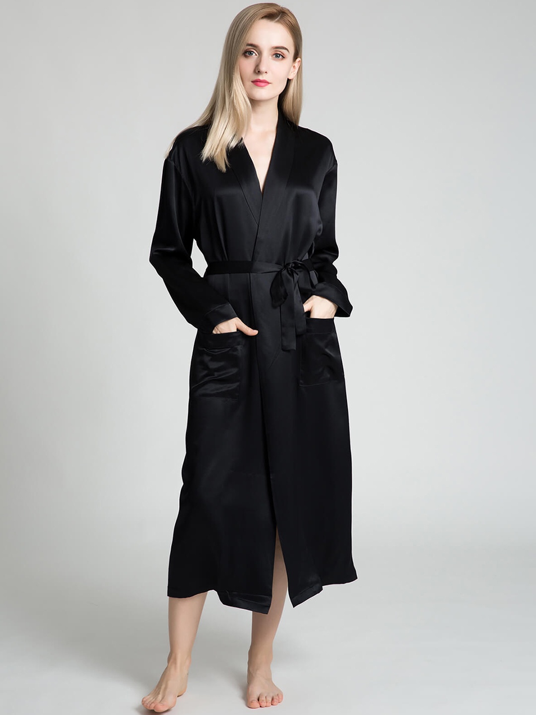 

Bella Babe by SK Shawl Collar Satin Midi Robe, Black