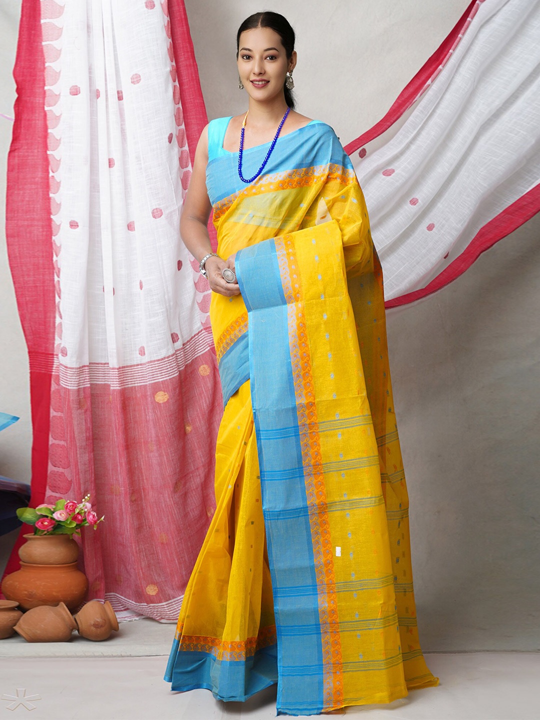 

Unnati Silks Ethnic Motifs Woven Design Pure Cotton Jamdani Saree, Yellow