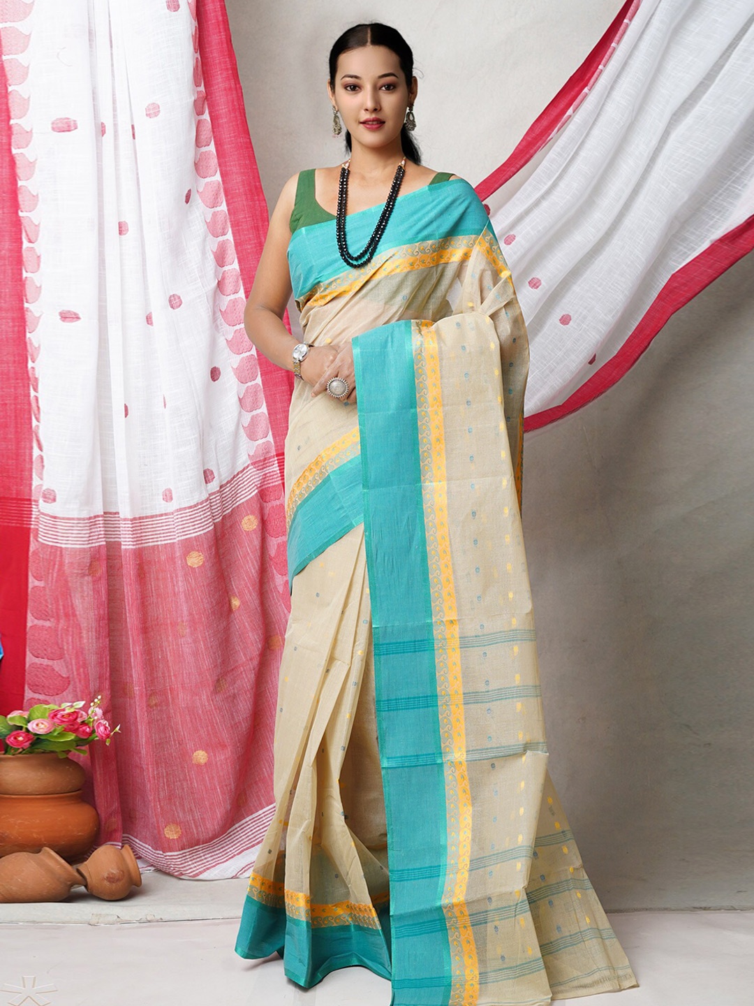 

Unnati Silks Ethnic motifs woven design Pure Cotton Jamdani Saree, Cream