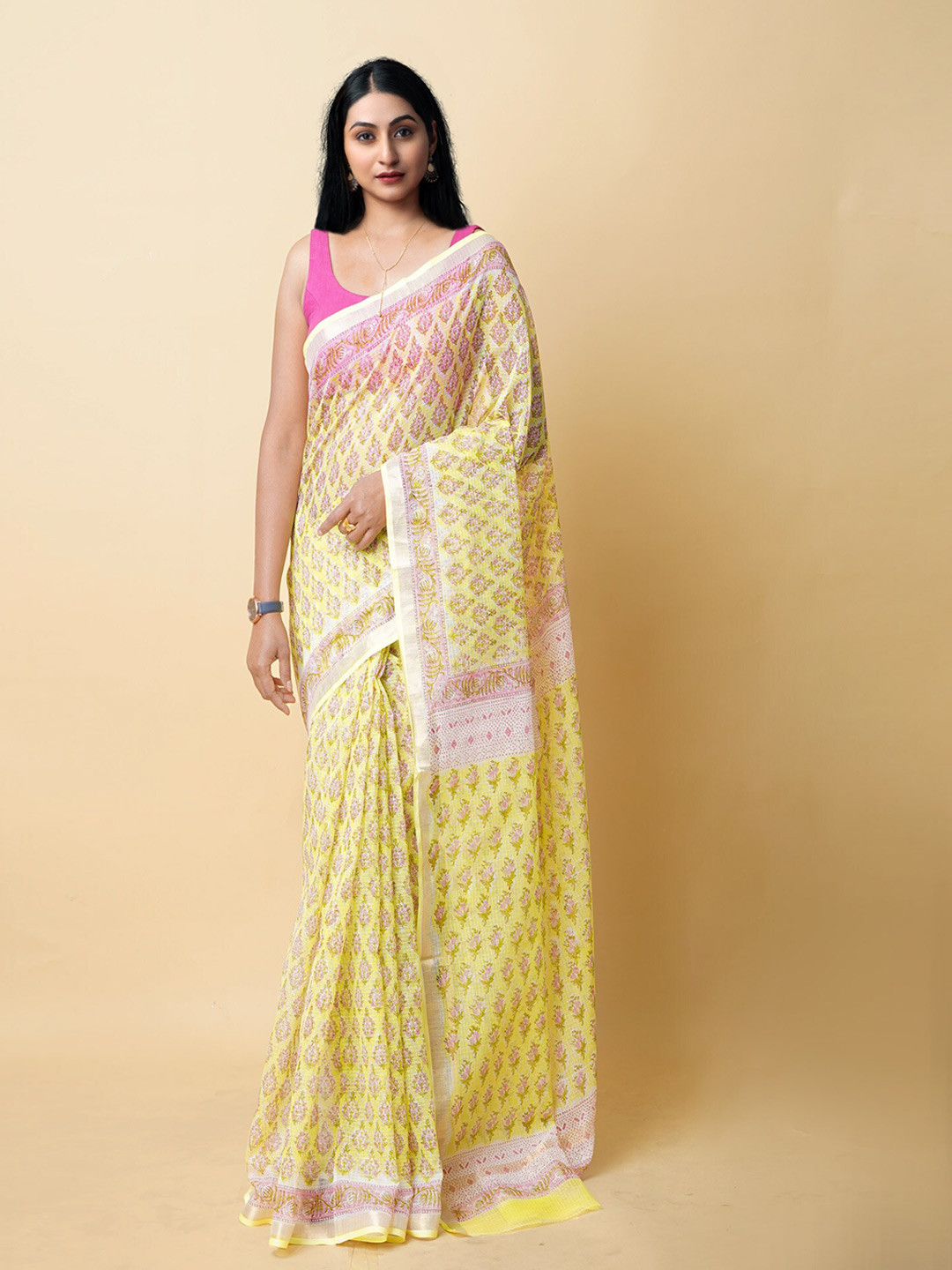

Unnati Silks Ethnic Motifs Printed Zari Silk Cotton Kota Saree, Yellow