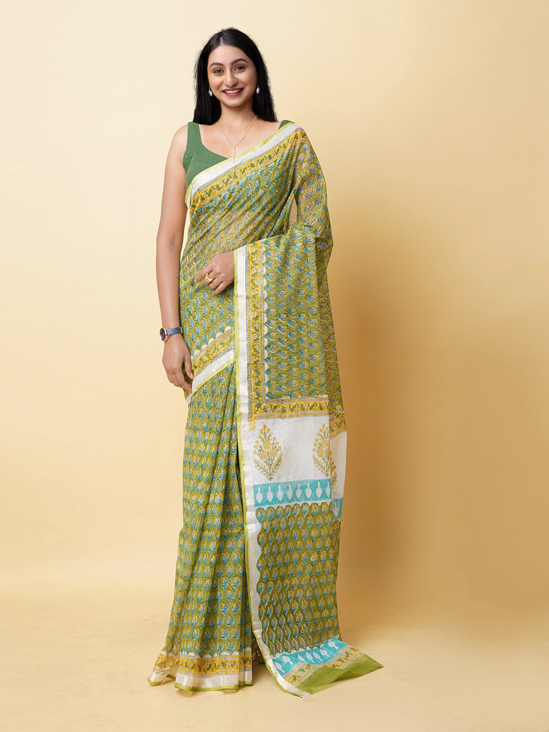 

Unnati Silks Ethnic Motifs Printed Zari Silk Cotton Kota Saree, Green