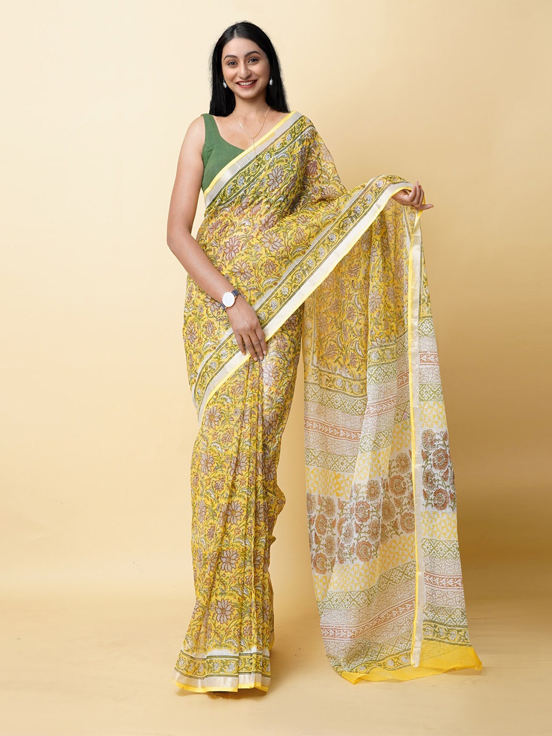 

Unnati Silks Floral Printed Zari Silk Cotton Kota Saree, Yellow