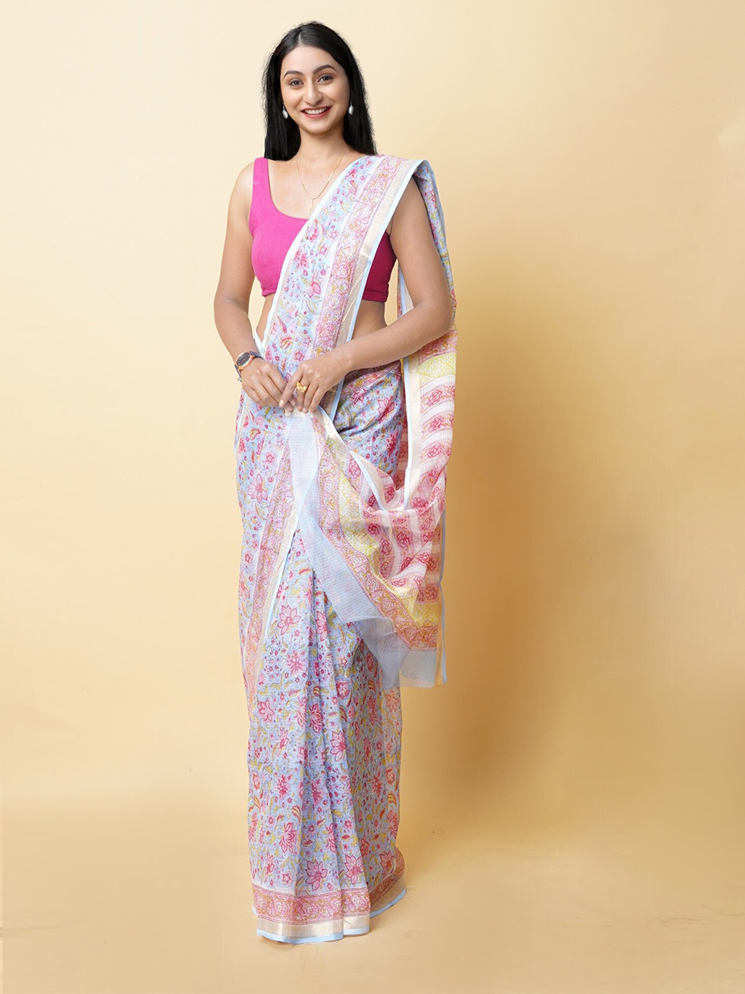 

Unnati Silks Ethnic Motifs Printed Zari Silk Cotton Kota Saree, Blue