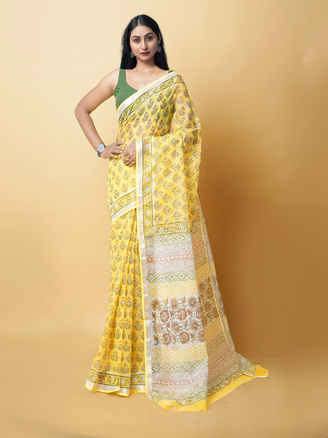 

Unnati Silks Floral Printed Zari Silk Cotton Kota Saree, Yellow
