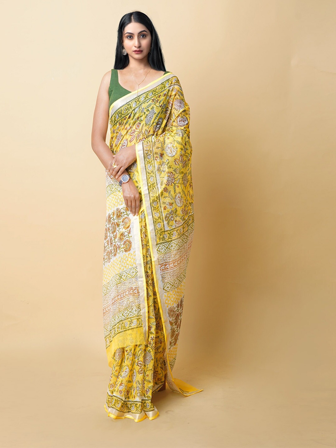 

Unnati Silks Floral Printed Zari Silk Cotton Kota Saree, Yellow
