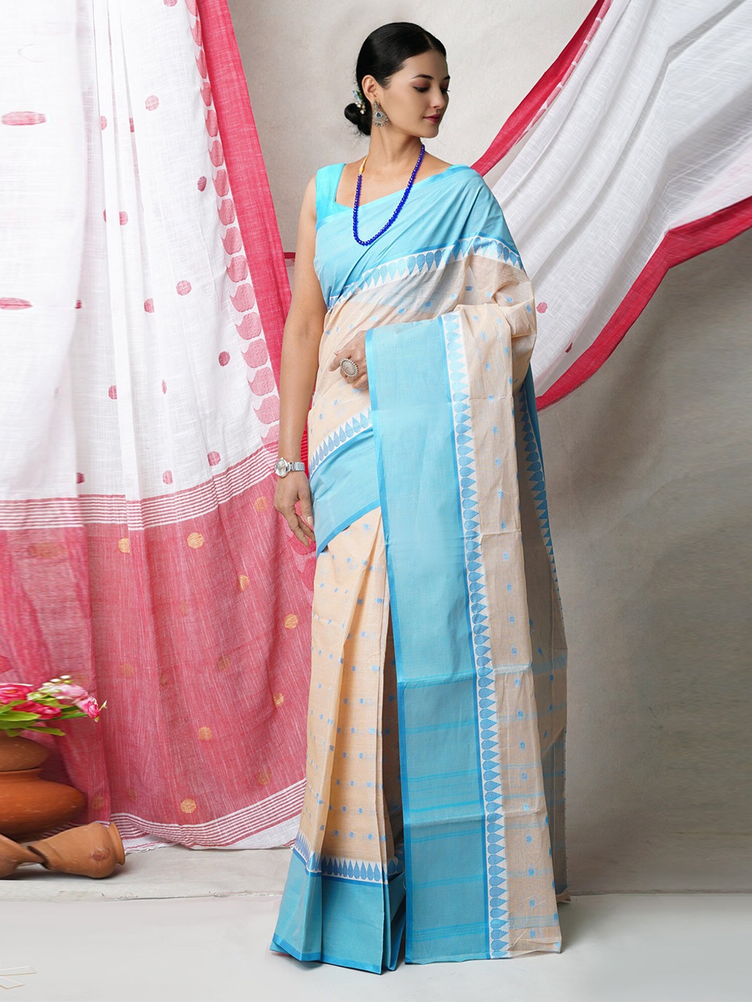 

Unnati Silks Ethnic Motifs Woven Design Pure Cotton Jamdani Saree, Beige