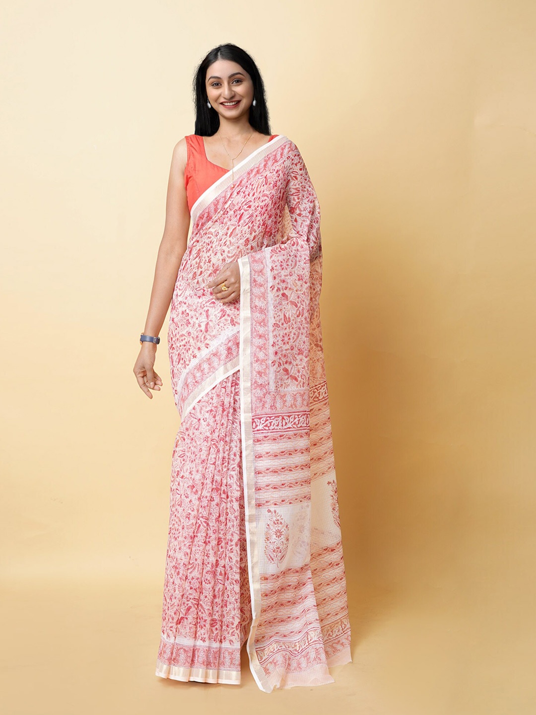 

Unnati Silks Ethnic Motifs Printed Zari Silk Cotton Kota Saree, Orange