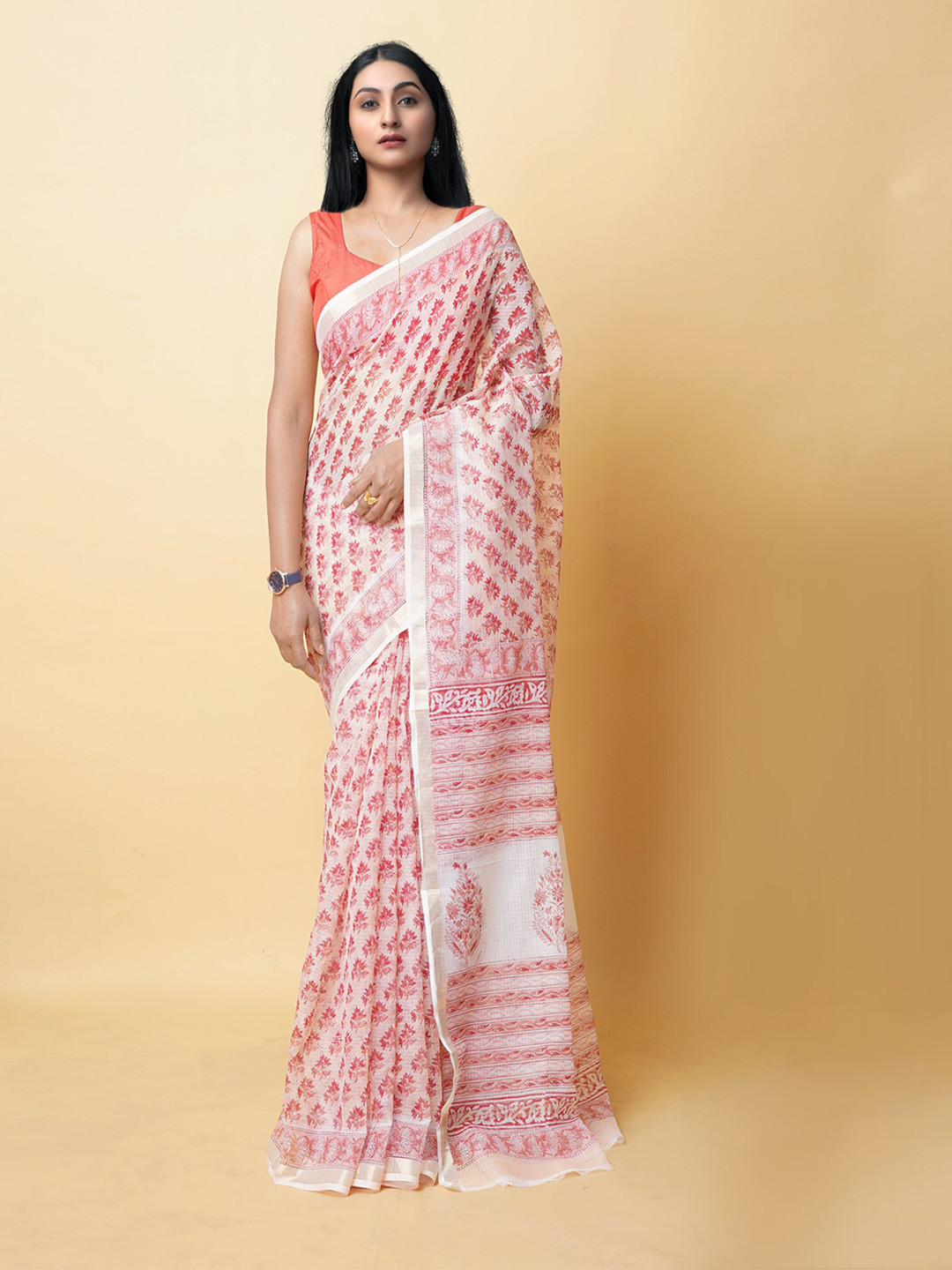 

Unnati Silks Ethnic Motifs Printed Zari Silk Cotton Kota Saree, Orange
