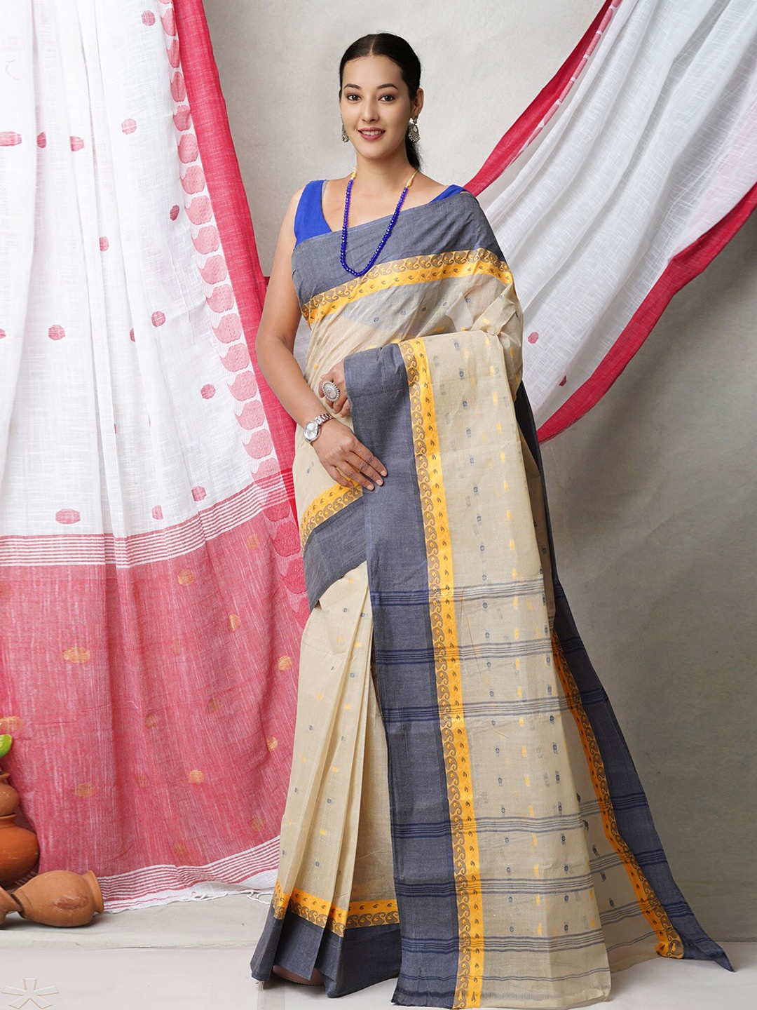 

Unnati Silks Ethnic Motifs Woven Design Pure Cotton Jamdani Saree, Cream