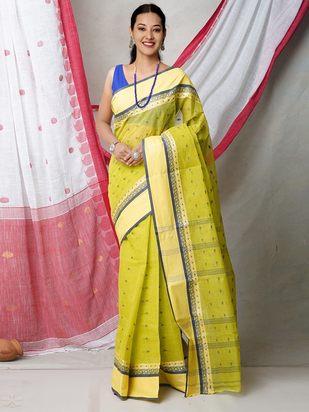

Unnati Silks Ethnic Motifs Woven Design Pure Cotton Jamdani Saree, Green