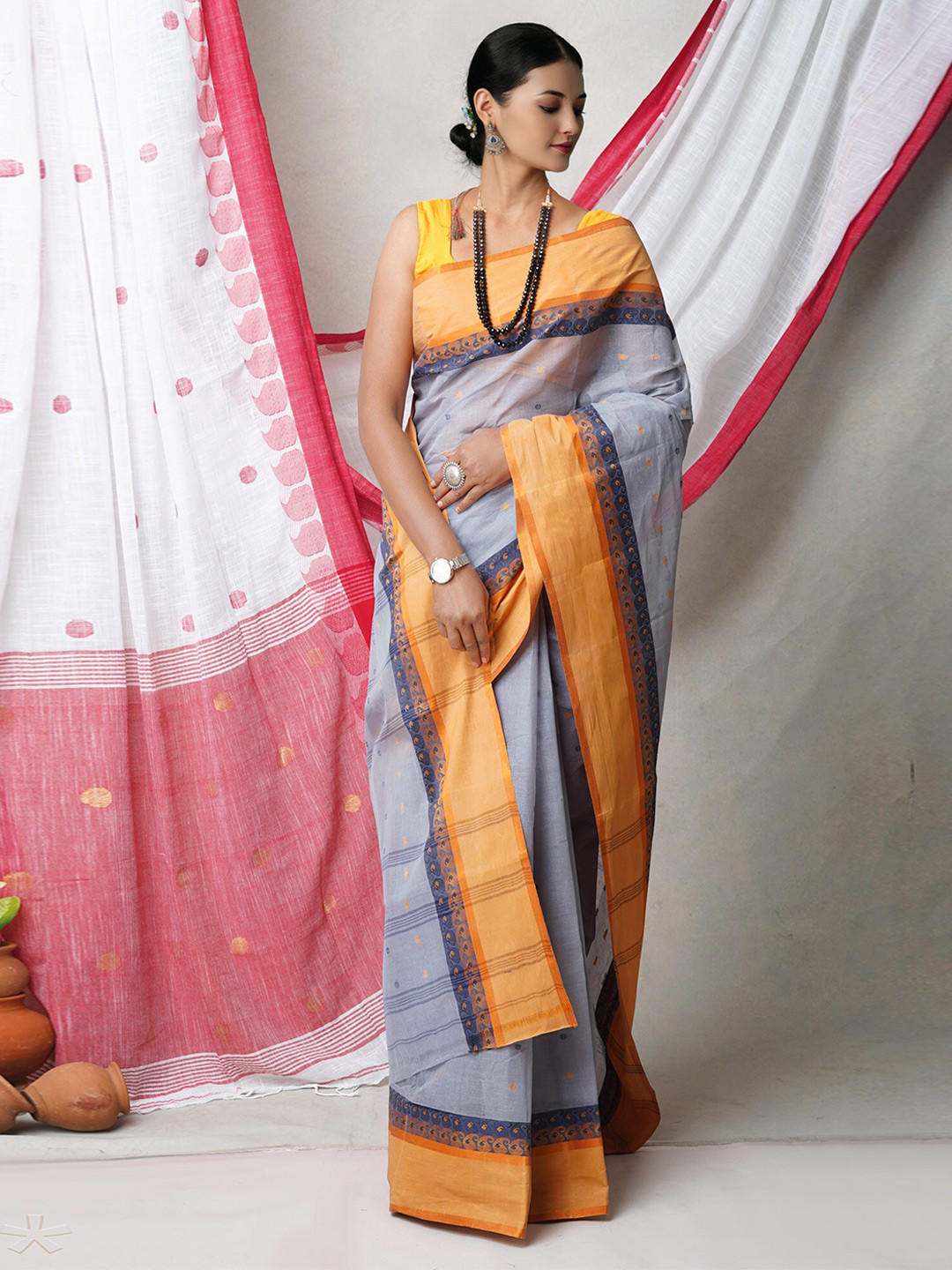 

Unnati Silks Ethnic Motifs Woven Design Pure Cotton Jamdani Saree, Grey