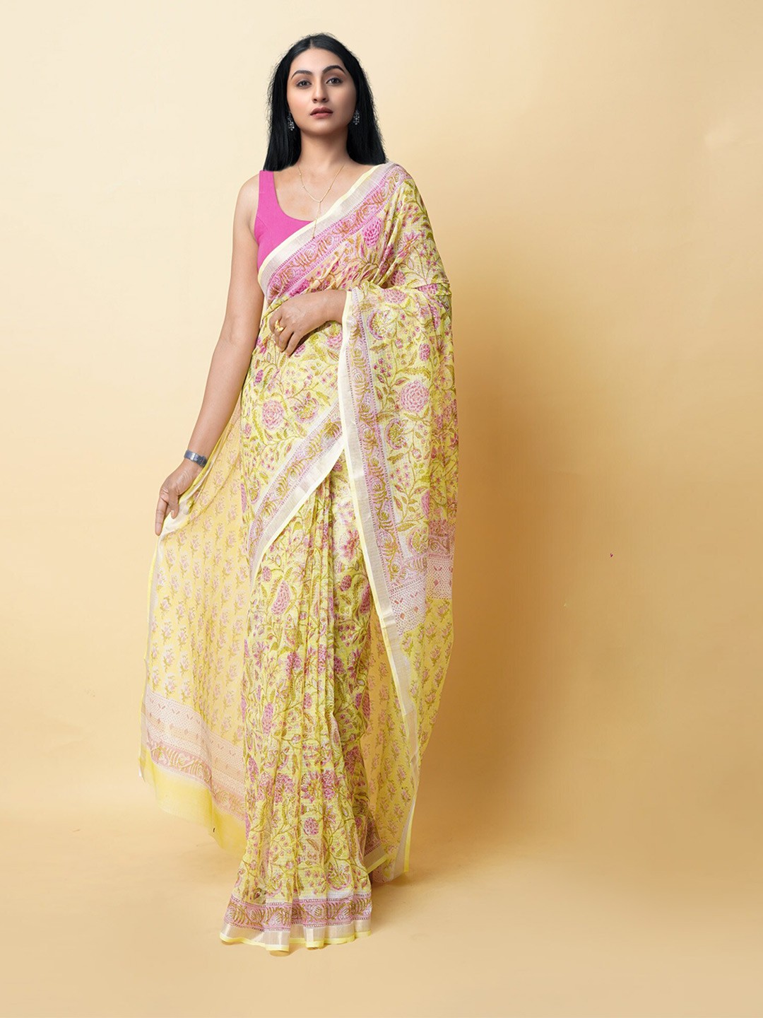 

Unnati Silks Floral Printed Zari Silk Cotton Kota Saree, Yellow