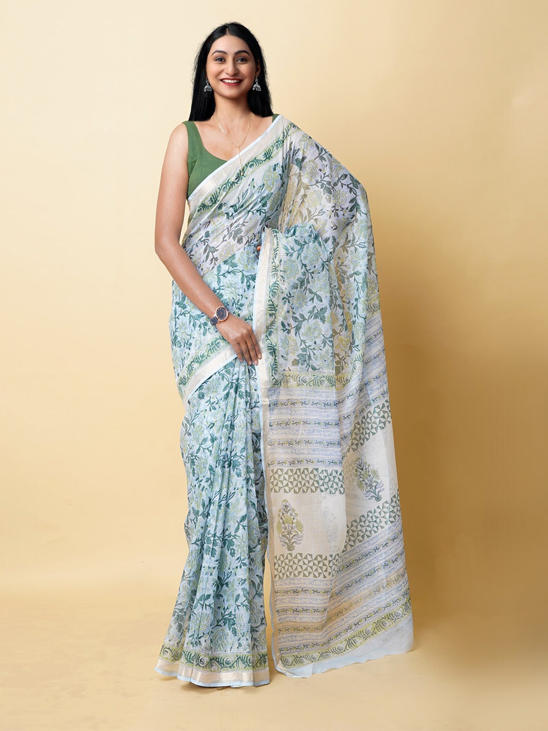 

Unnati Silks Ethnic Motifs Printed Zari Silk Cotton Kota Saree, Blue