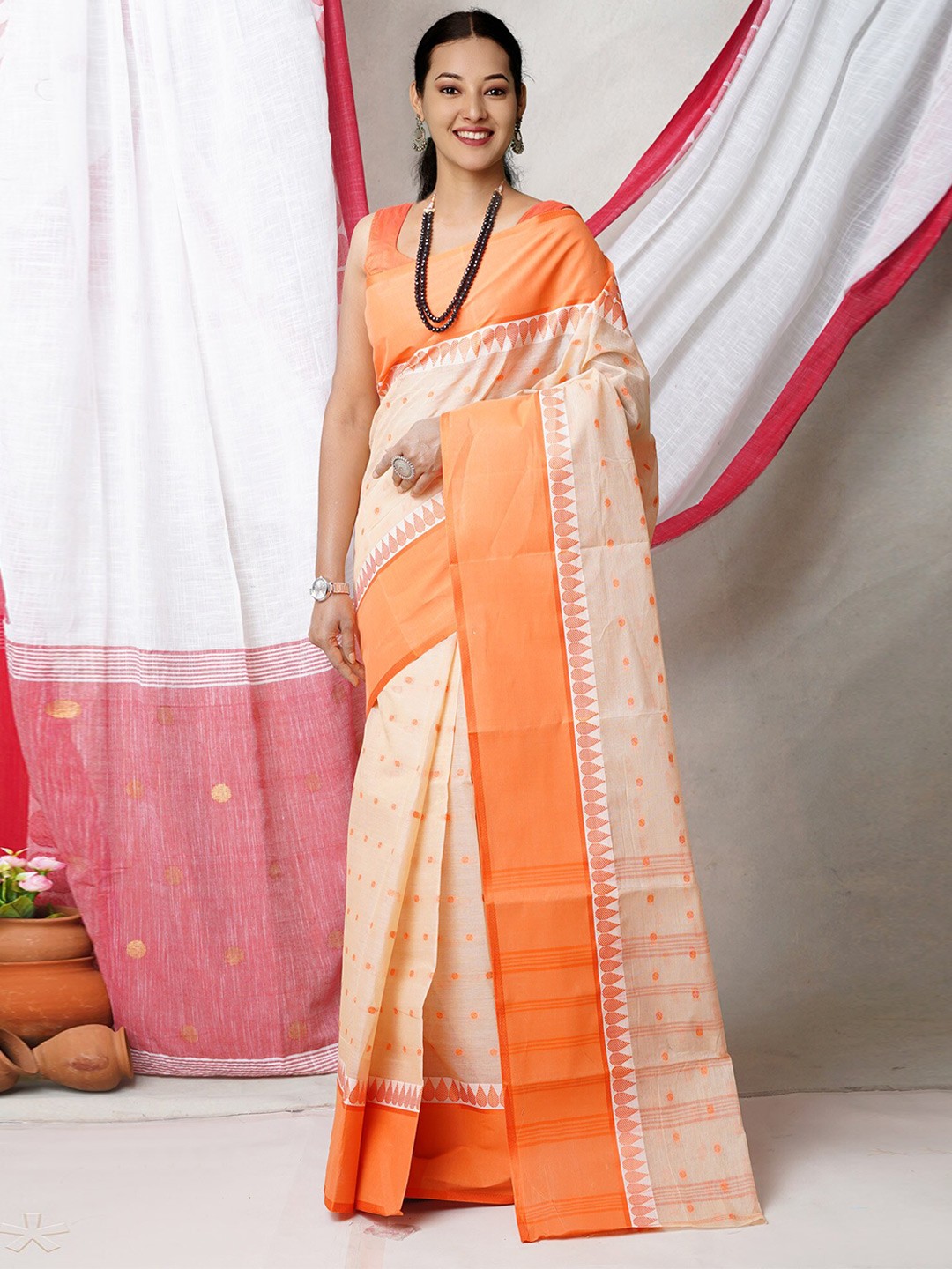 

Unnati Silks Ethnic Motifs Woven Design Pure Cotton Jamdani Saree, Cream