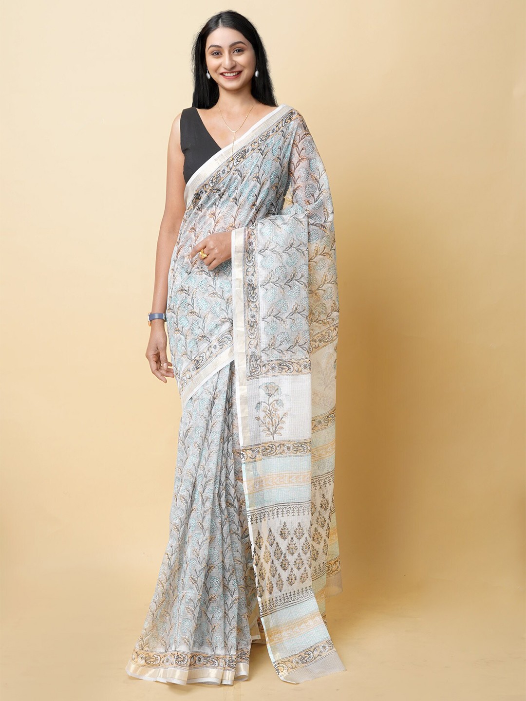 

Unnati Silks Ethnic Motifs Printed Zari Silk Cotton Kota Saree, Grey