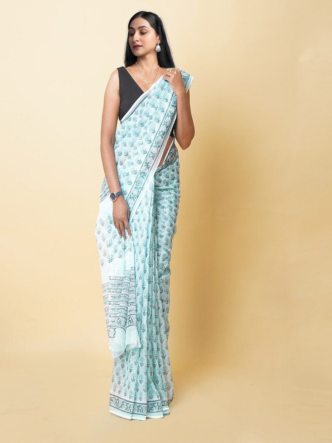 

Unnati Silks Ethnic Motifs Printed Zari Silk Cotton Kota Saree, Green