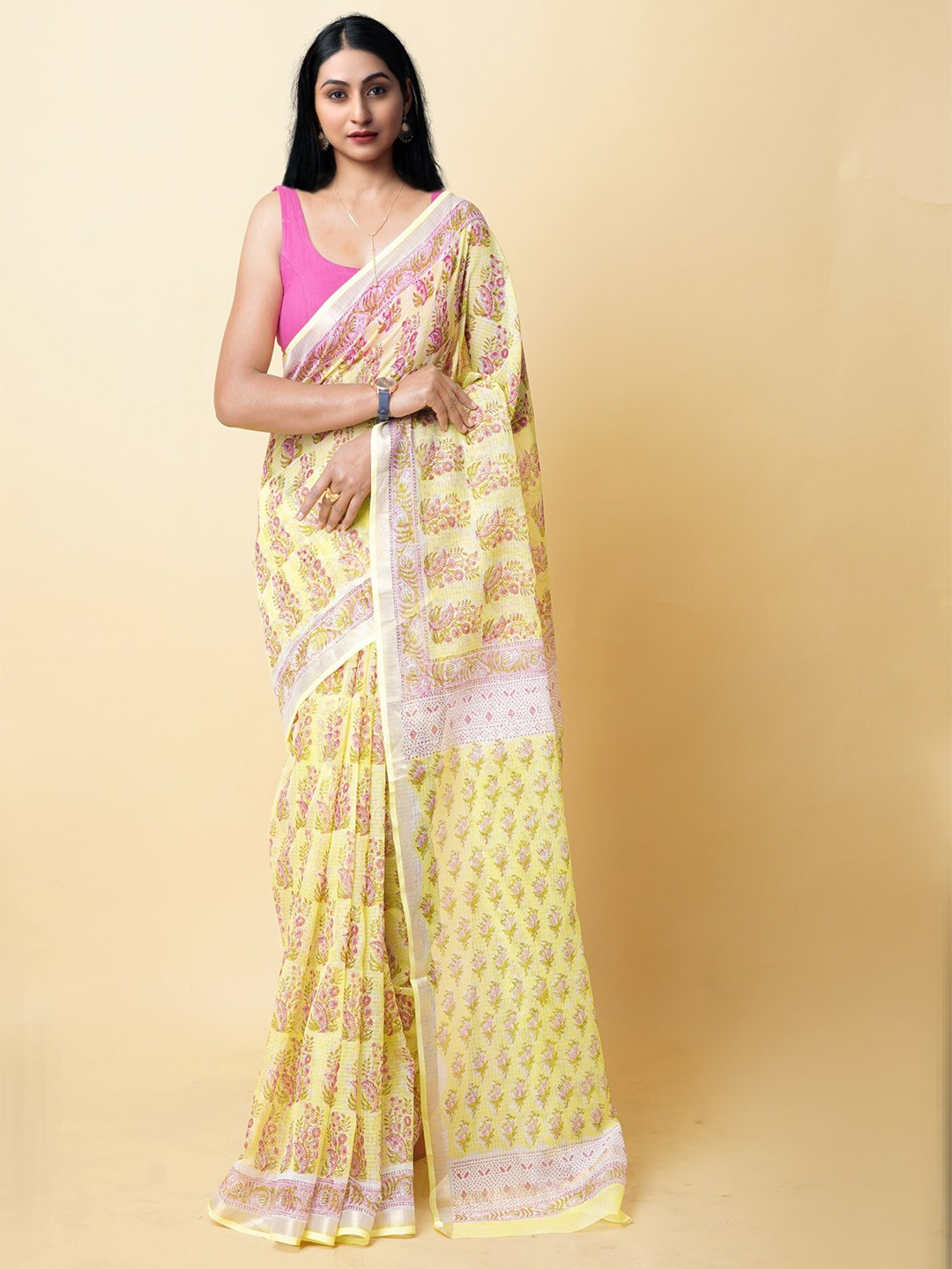 

Unnati Silks Ethnic Motifs Printed Zari Silk Cotton Kota Saree, Yellow