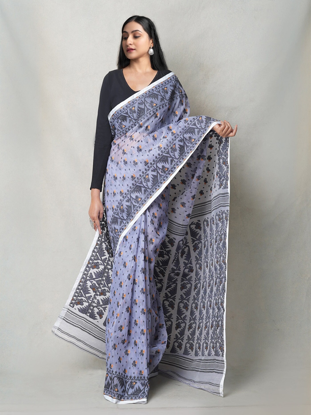

Unnati Silks Ethnic Motifs Woven Design Pure Cotton Jamdani Saree, Grey