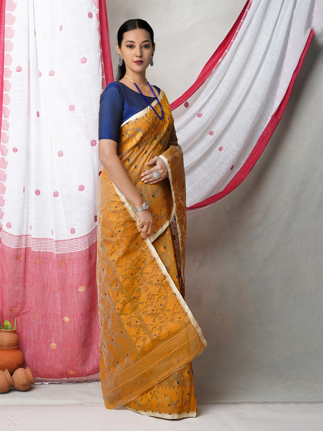 

Unnati Silks Ethnic Motifs Woven Design Pure Cotton Jamdani Saree, Brown