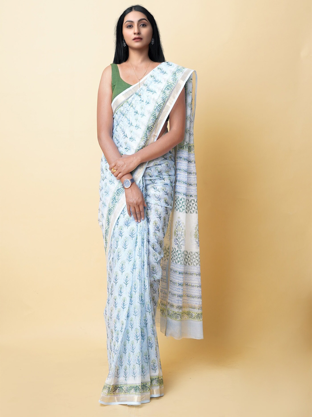 

Unnati Silks Floral Printed Zari Silk Cotton Kota Saree, Blue