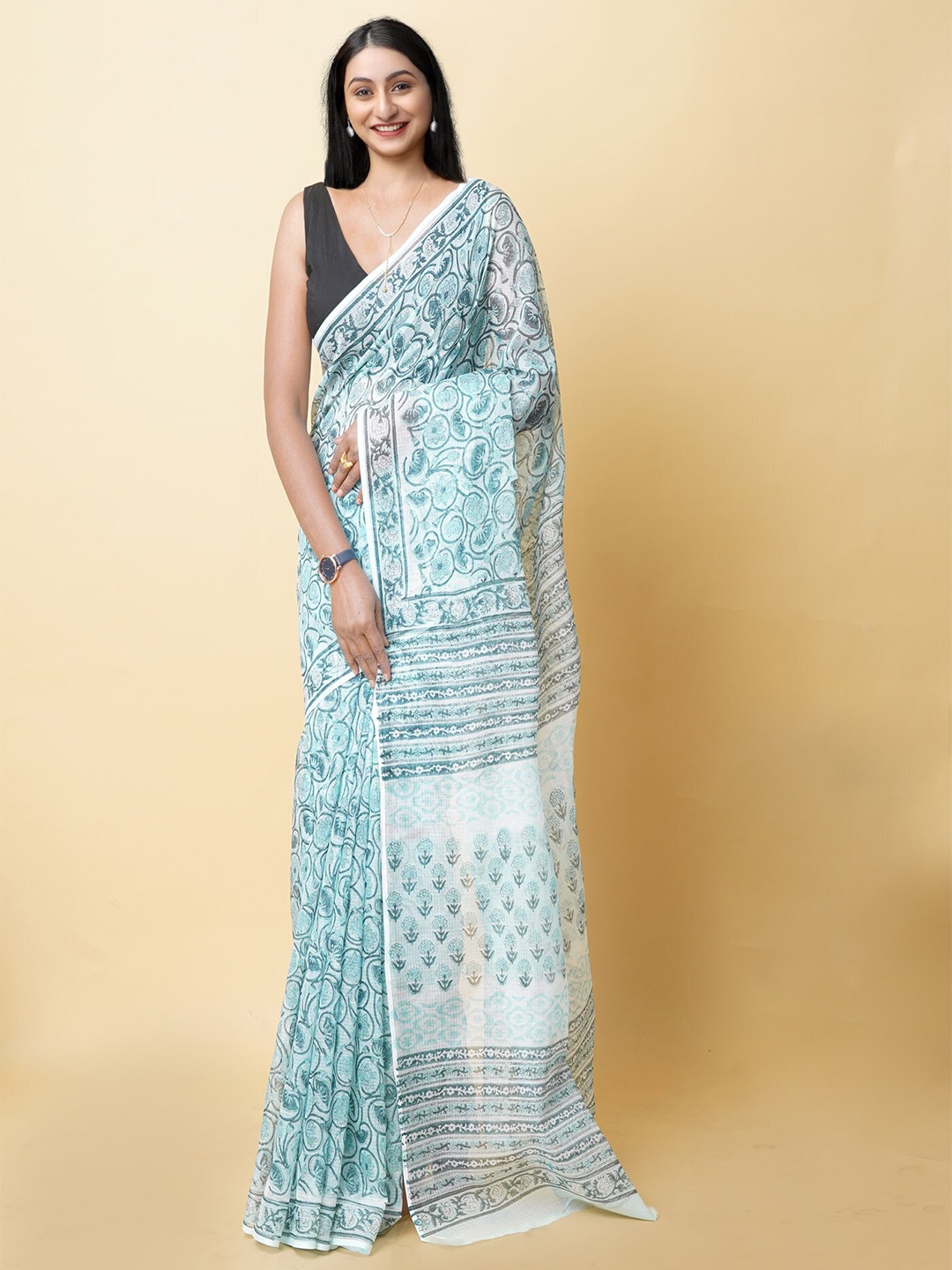 

Unnati Silks Ethnic Motifs Printed Zari Silk Cotton Kota Saree, Green