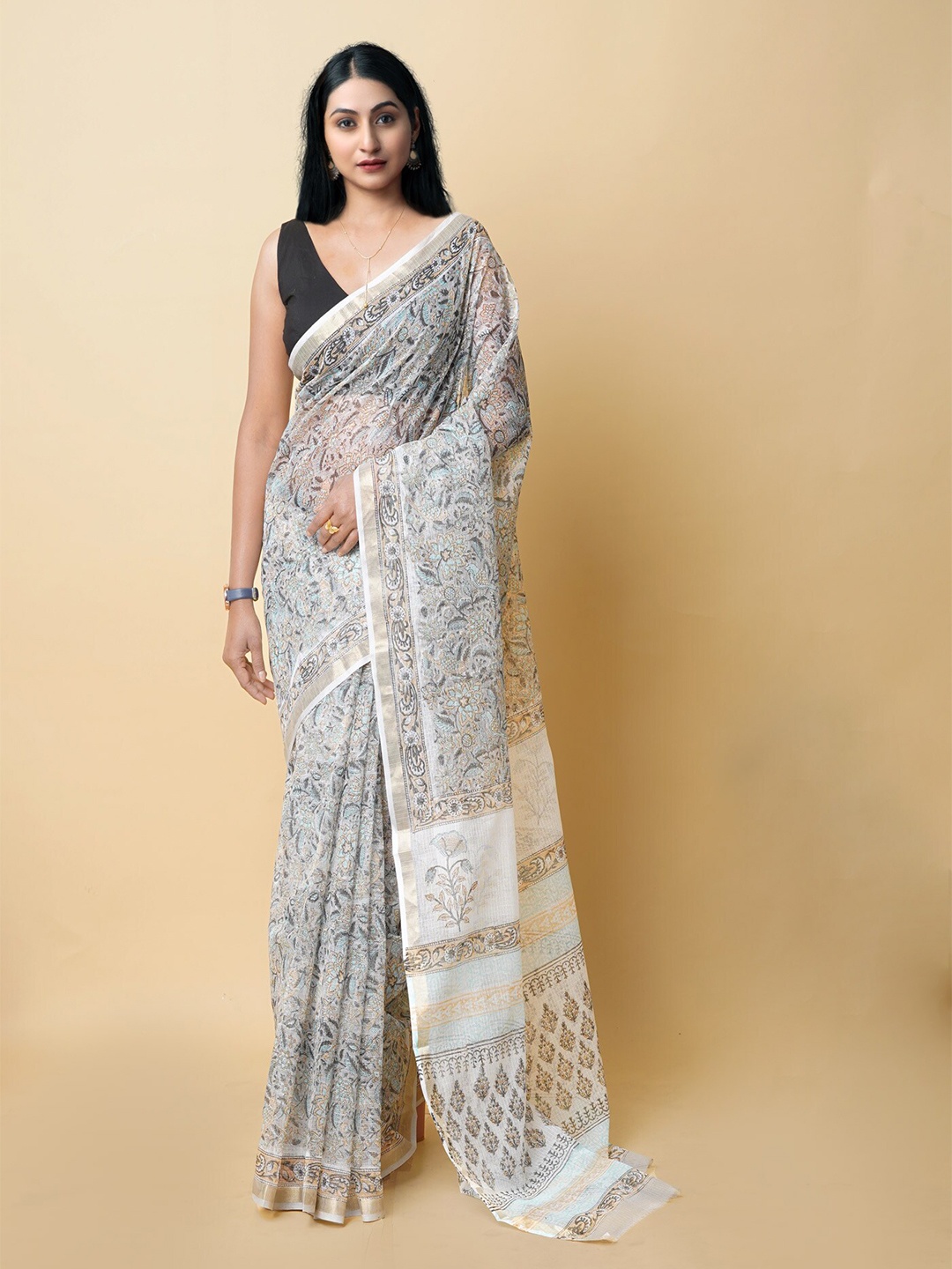 

Unnati Silks Floral Printed Zari Silk Cotton Kota Saree, Grey