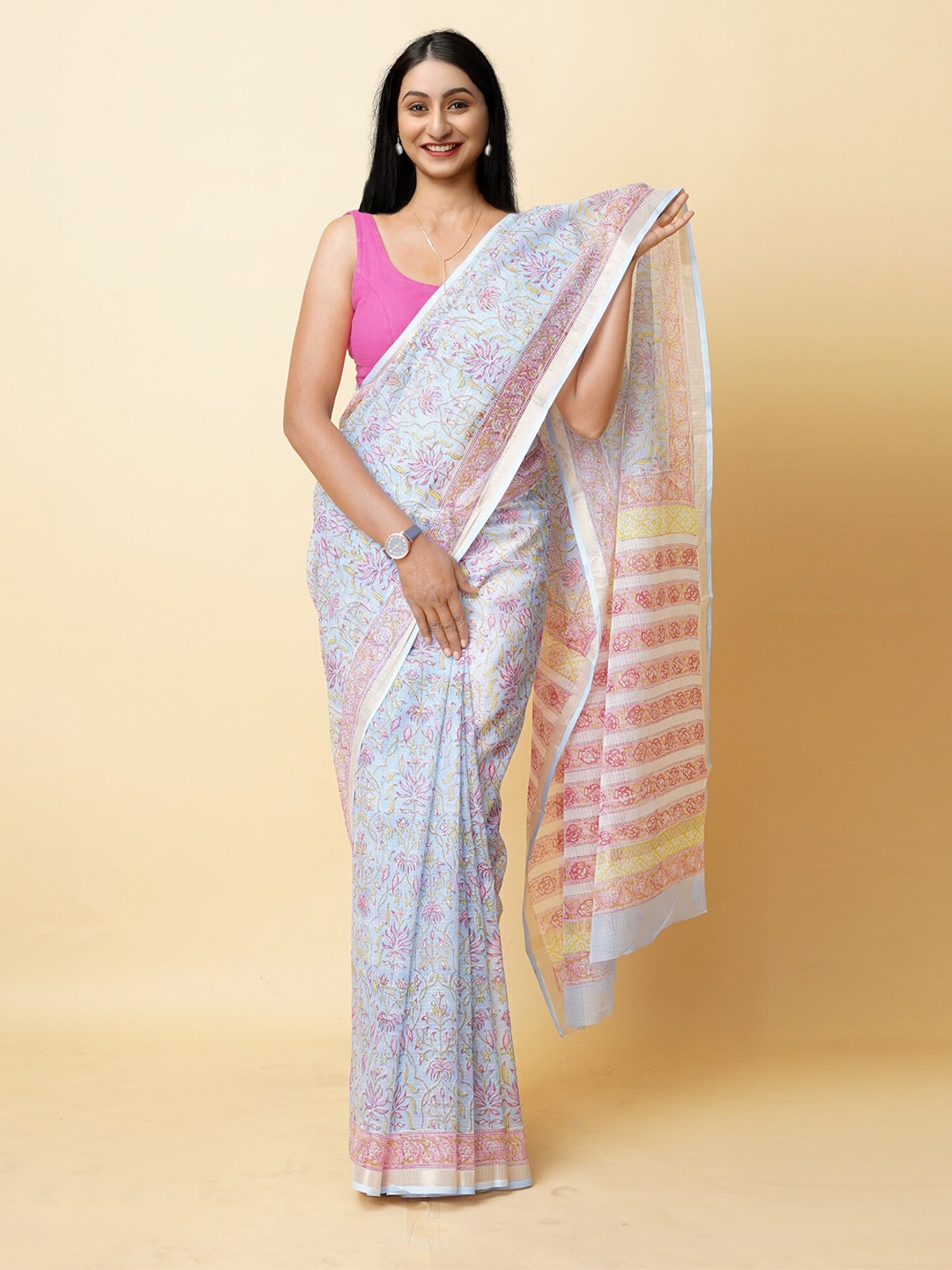 

Unnati Silks Floral Printed Zari Silk Cotton Kota Saree, Blue