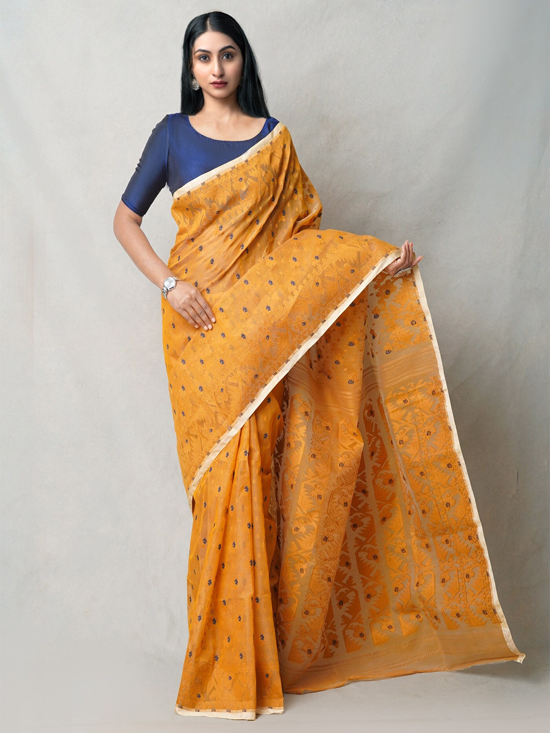 

Unnati Silks Ethnic Motifs Woven Design Pure Cotton Jamdani Saree, Brown