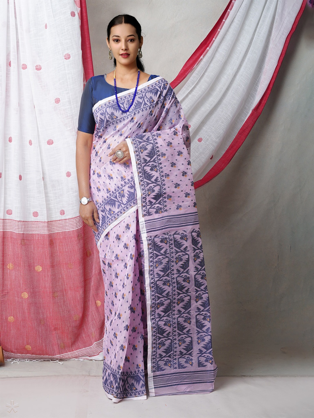 

Unnati Silks Ethnic Motifs Woven Design Pure Cotton Jamdani Saree, Pink