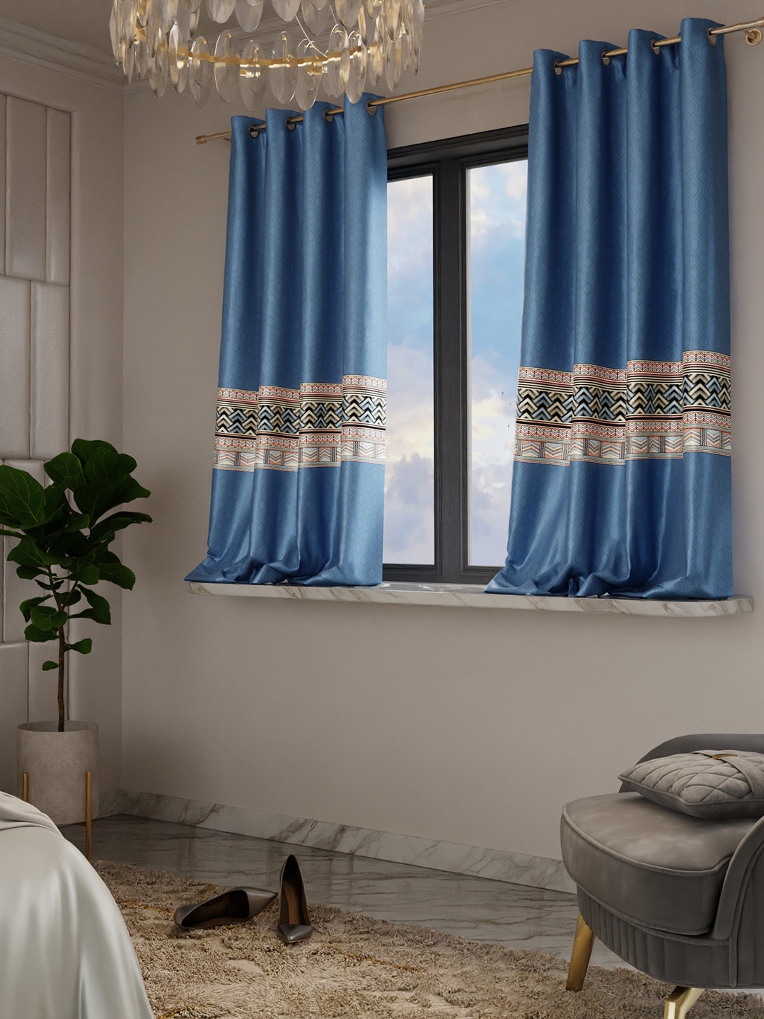 

Stoa Paris Versailles Satin Printed Celestial Blue Window Curtain, Navy blue