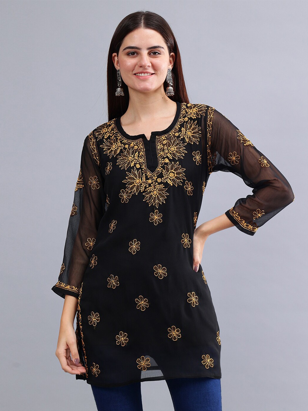 

Seva Chikan Ethnic Motifs Embroidered Notch Neck Chikankari Straight Kurti With Slip, Black