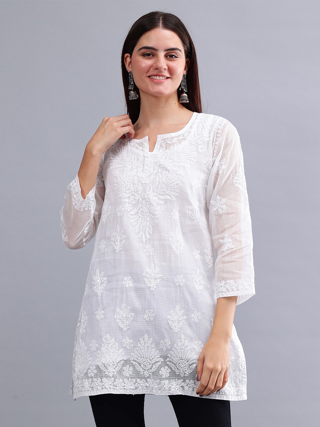 

Seva Chikan Ethnic Motifs Embroidered Cotton Silk Straight Lucknowi Chikankari Kurti, White