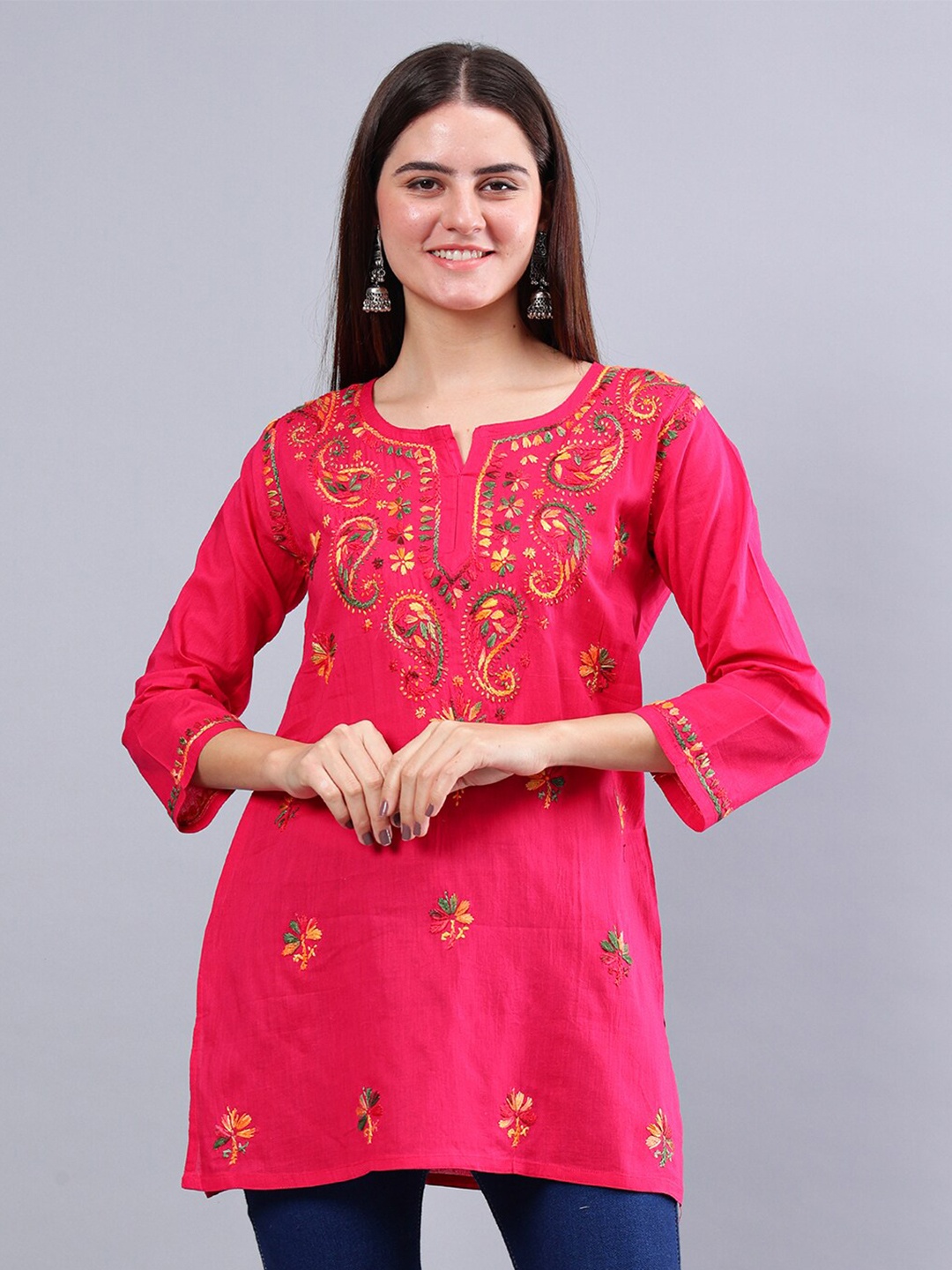 

Seva Chikan Ethnic Motifs Round Neck Embroidered Chikankari Straight Kurti, Magenta