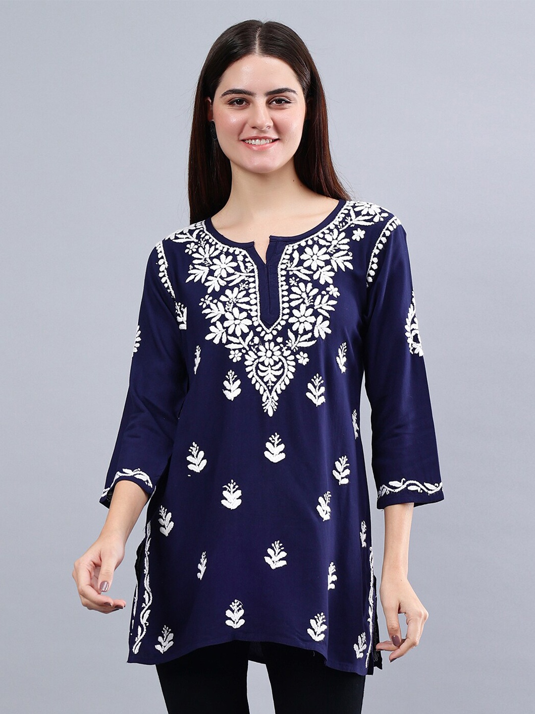 

Seva Chikan Ethnic Motifs Three-Quarter Sleeves Round Neck Embroidered Chikankari Kurti, Navy blue