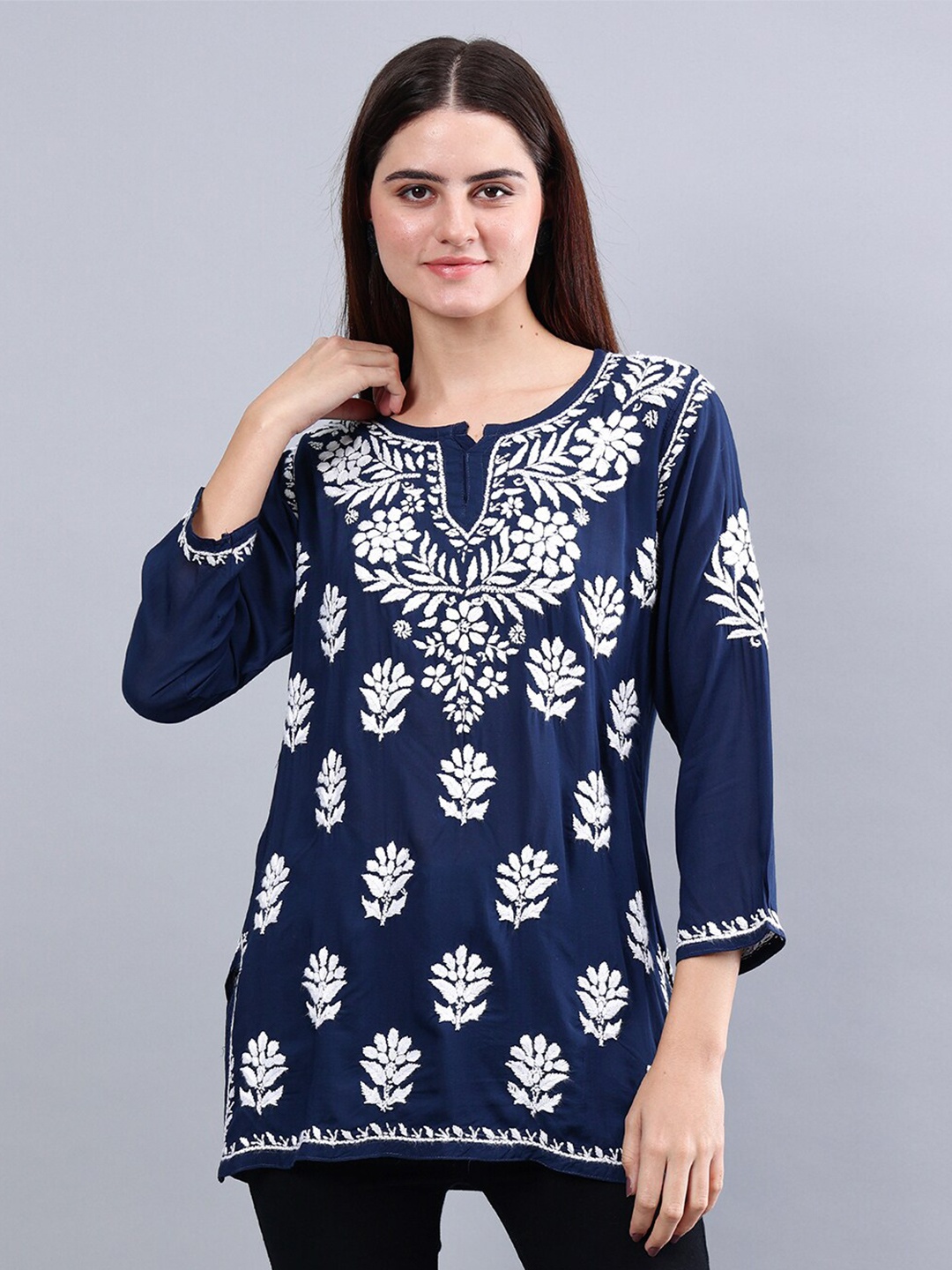 

Seva Chikan Ethnic Motifs Embroidered Notch Neck Straight Lucknowi Chikankari Kurti, Navy blue