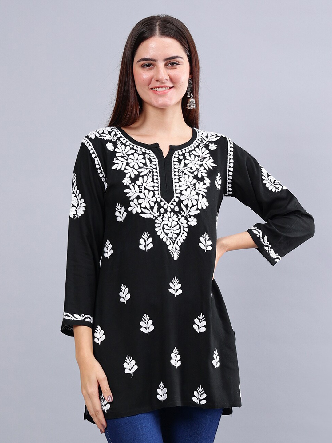 

Seva Chikan Ethnic Motifs Embroidered Three-Quarter Sleeves Round Neck Chikankari Kurti, Black