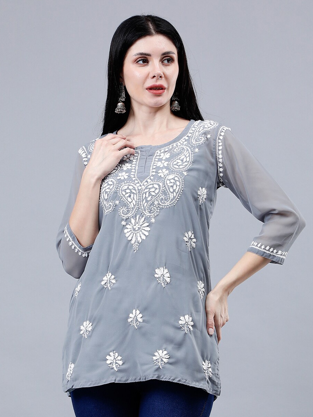 

Seva Chikan Ethnic Motifs Embroidered Chikankari Straight Kurti With Slip, Grey