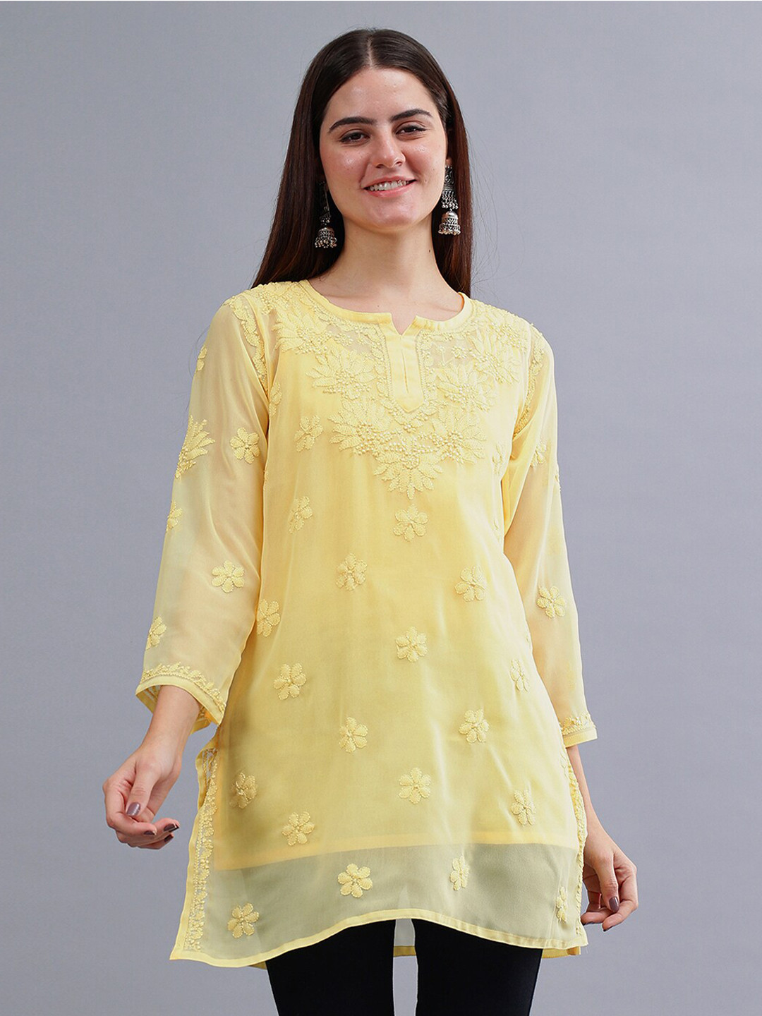 

Seva Chikan Ethnic Motifs Embroidered Georgette Straight Lucknowi Chikankari Kurti, Yellow