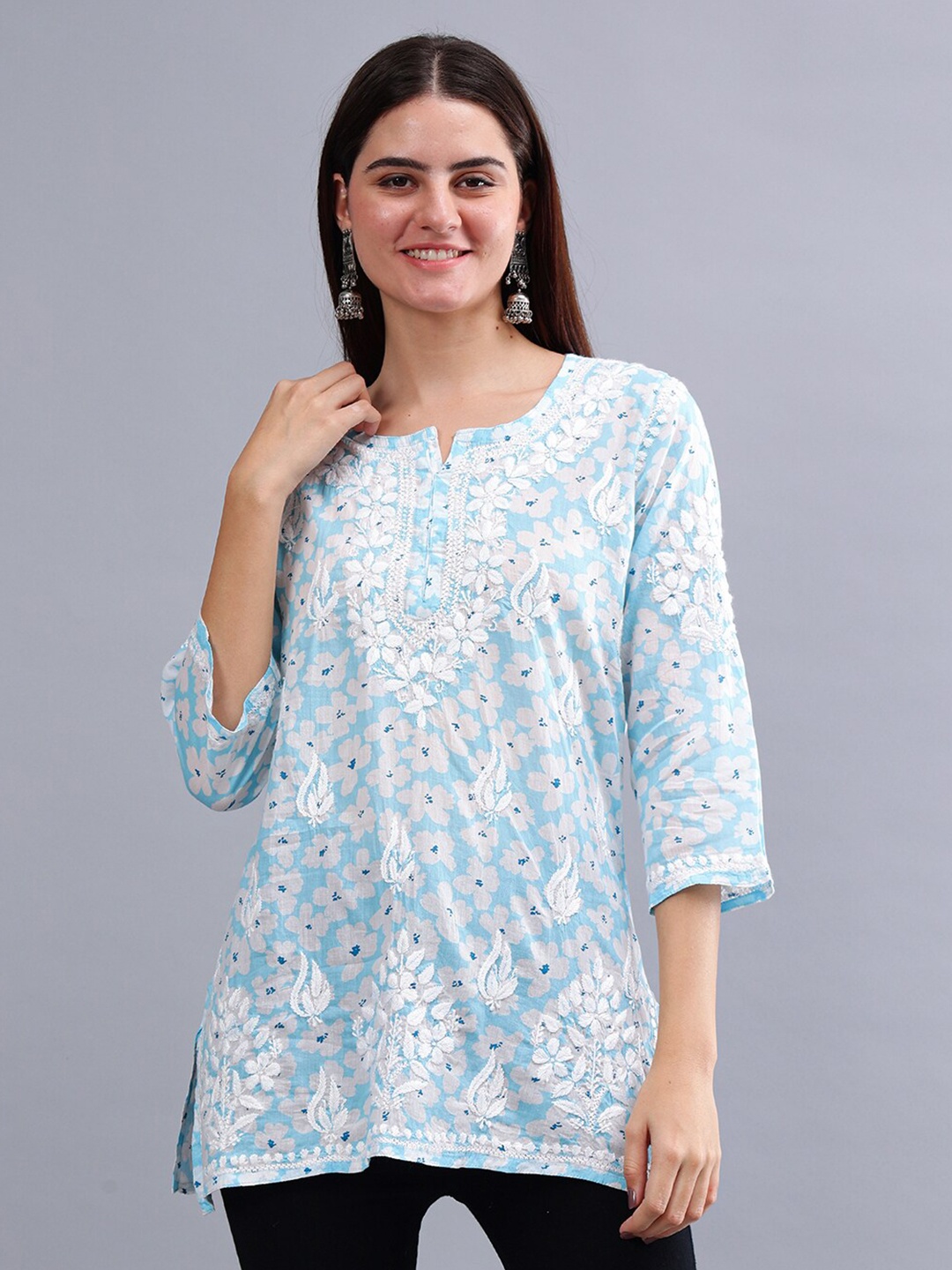 

Seva Chikan Ethnic Motifs Embroidered Notch Neck Straight Lucknowi Chikankari Kurti, Blue