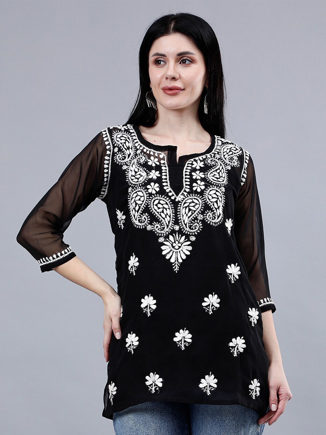 

Seva Chikan Ethnic Motifs Round Neck Embroidered Chikankari Kurti, Black