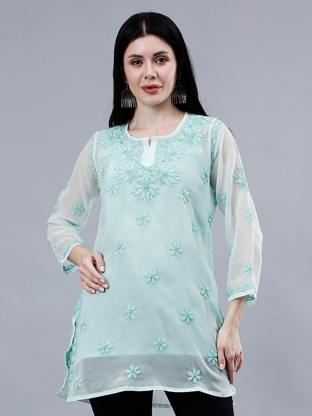

Seva Chikan Ethnic Motifs Embroidered Notch Neck Straight Lucknowi Chikankari Kurti, Sea green
