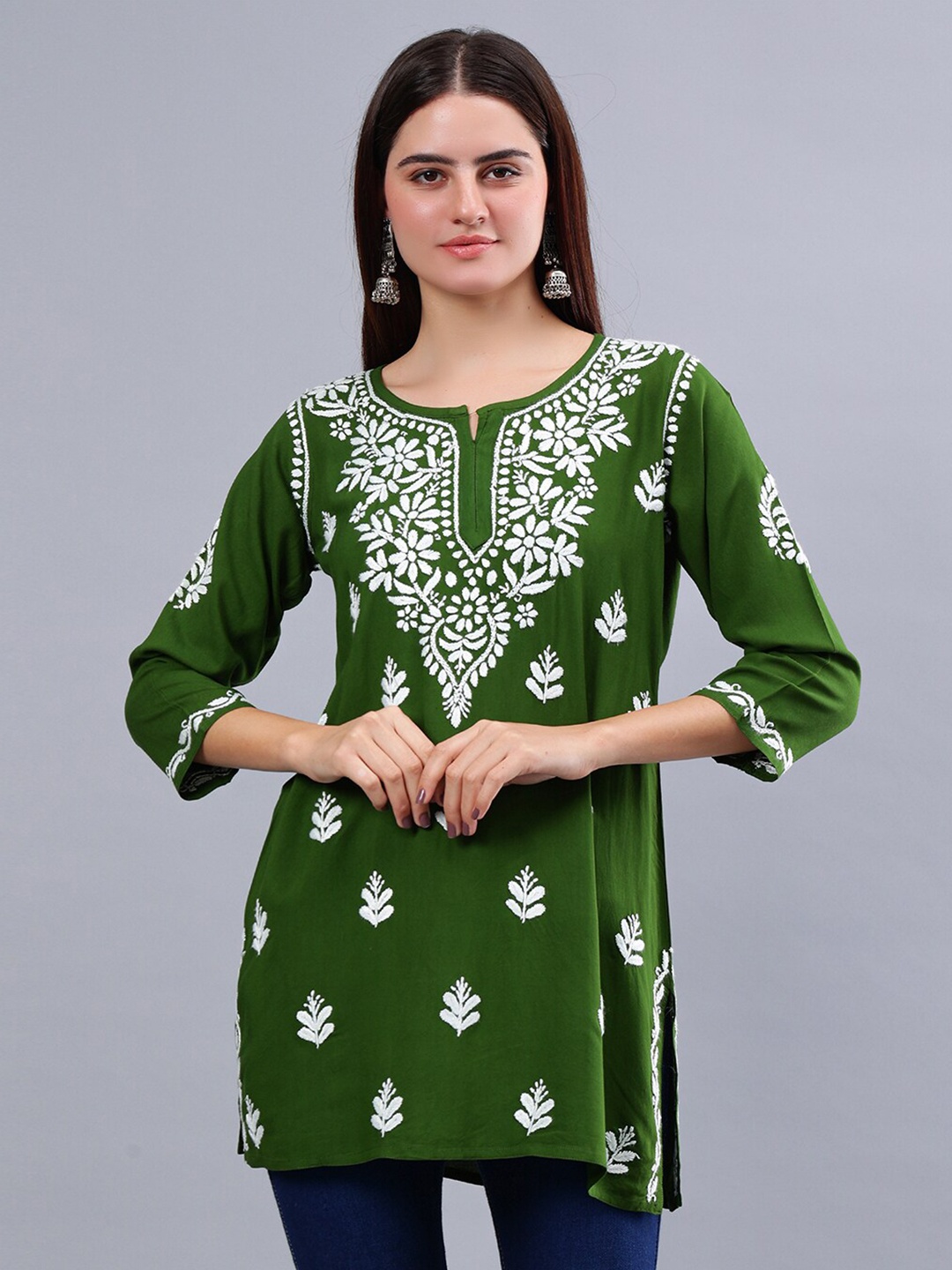 

Seva Chikan Ethnic Motifs Three-Quarter Sleeves Round Neck Embroidered Chikankari Kurti, Green
