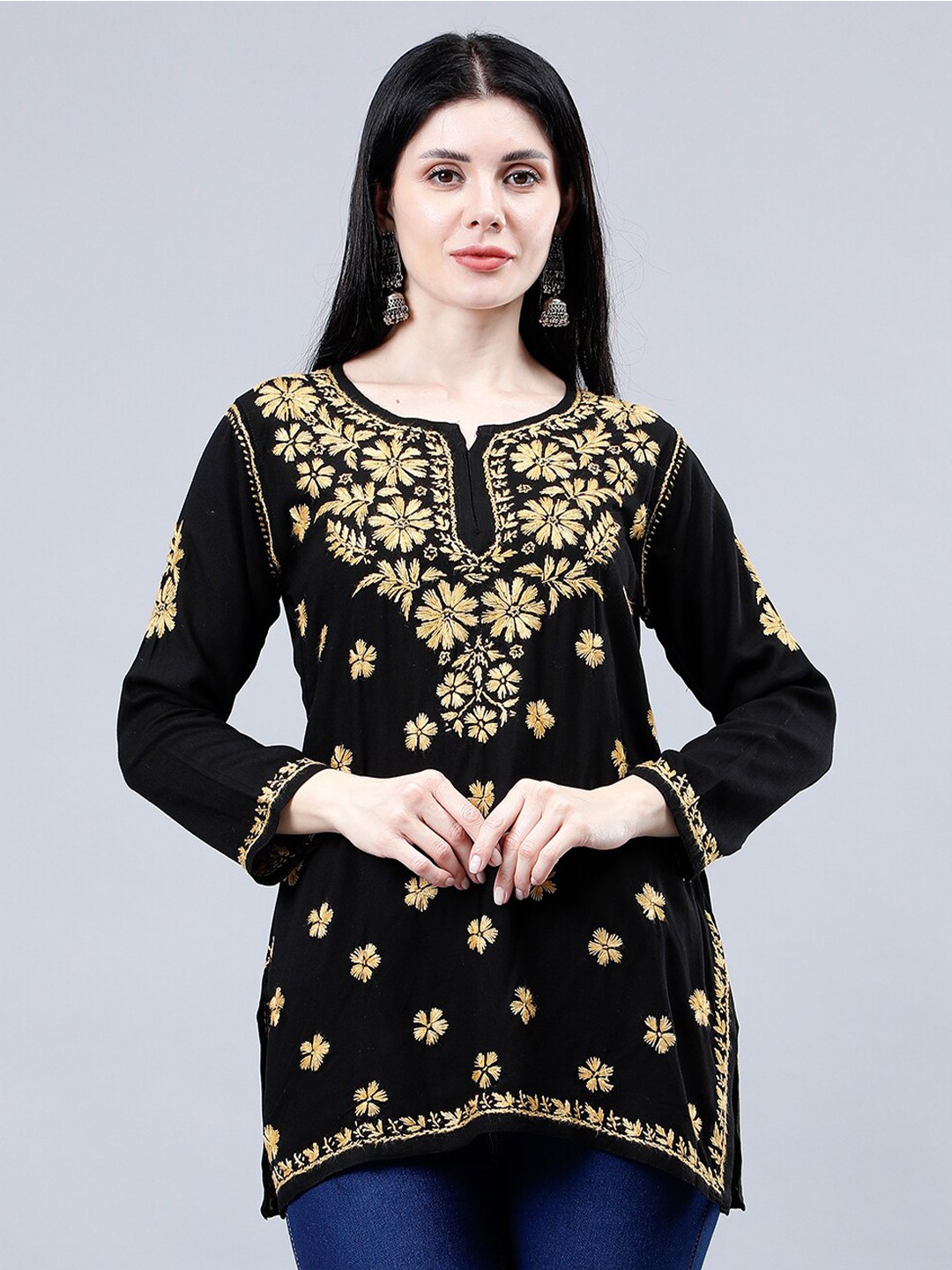 

Seva Chikan Ethnic Motifs Embroidered Notch Neck Straight Lucknowi Chikankari Kurti, Black
