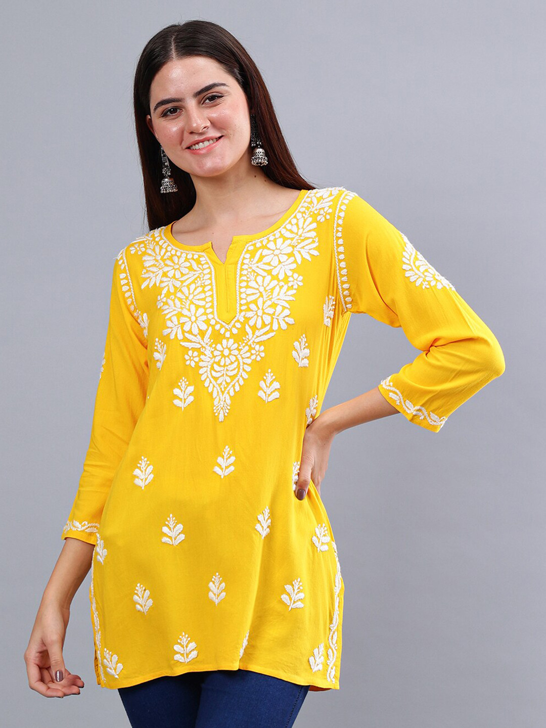 

Seva Chikan Ethnic Motifs Embroidered Notch Neck Straight Lucknowi Chikankari Kurti, Yellow