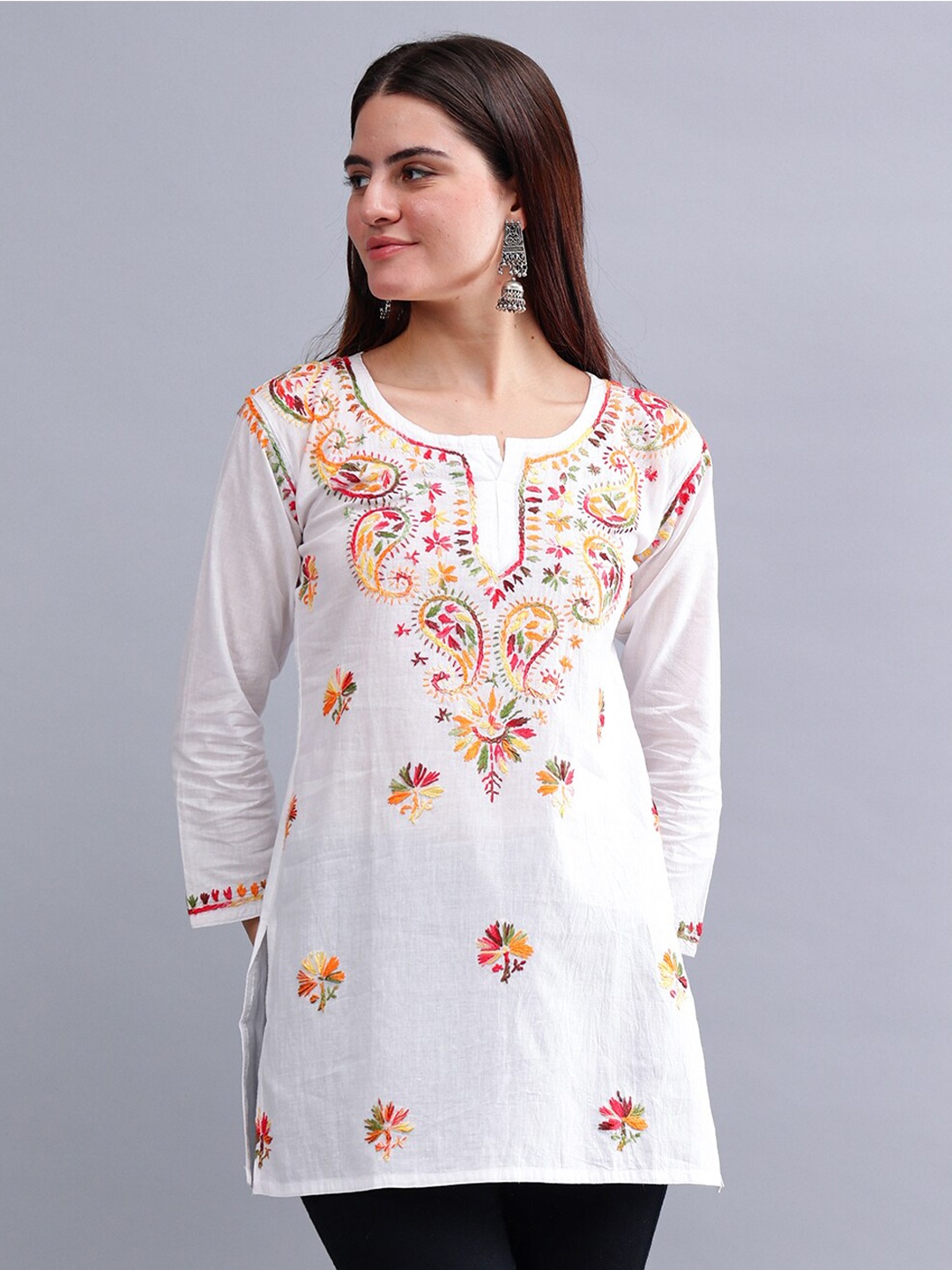 

Seva Chikan Ethnic Motifs Three-Quarter Sleeves Round Neck Embroidered Chikankari Kurti, White