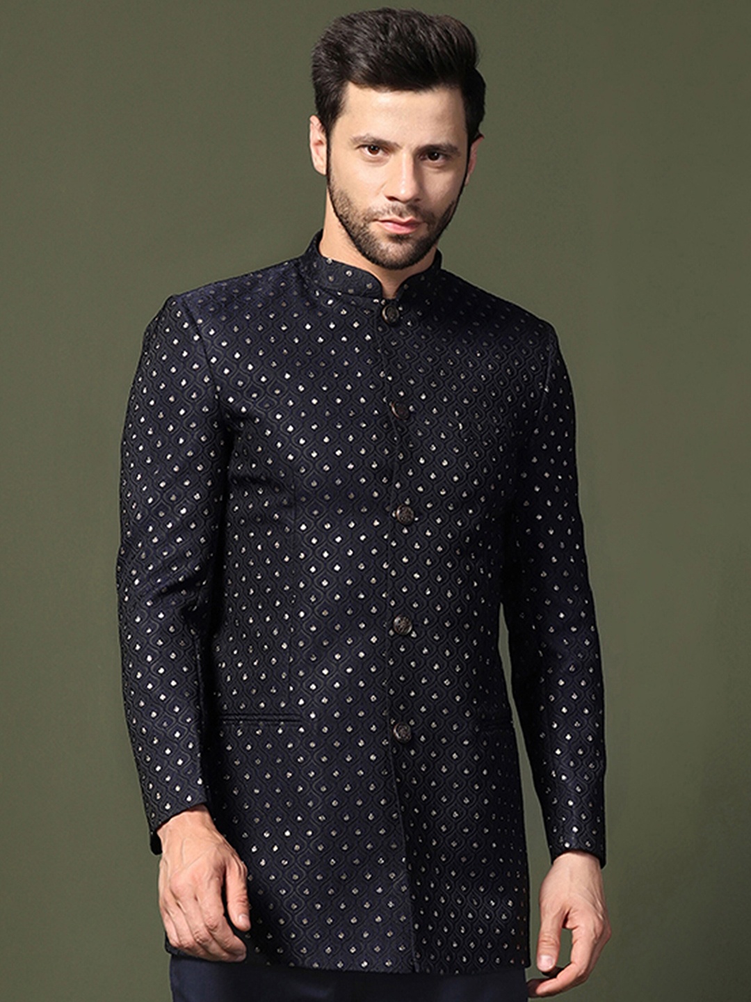

KISAH Men Self Design Slim Fit Jodhpuri Bandhgala Blazer, Navy blue
