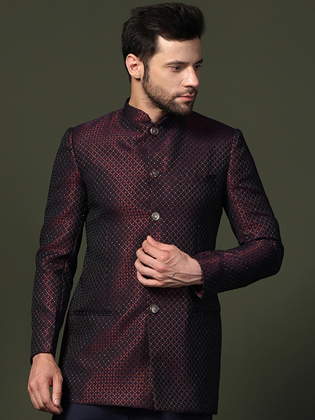 

KISAH Men Self Design Slim Fit Jodhpuri Bandhgala Blazer, Magenta