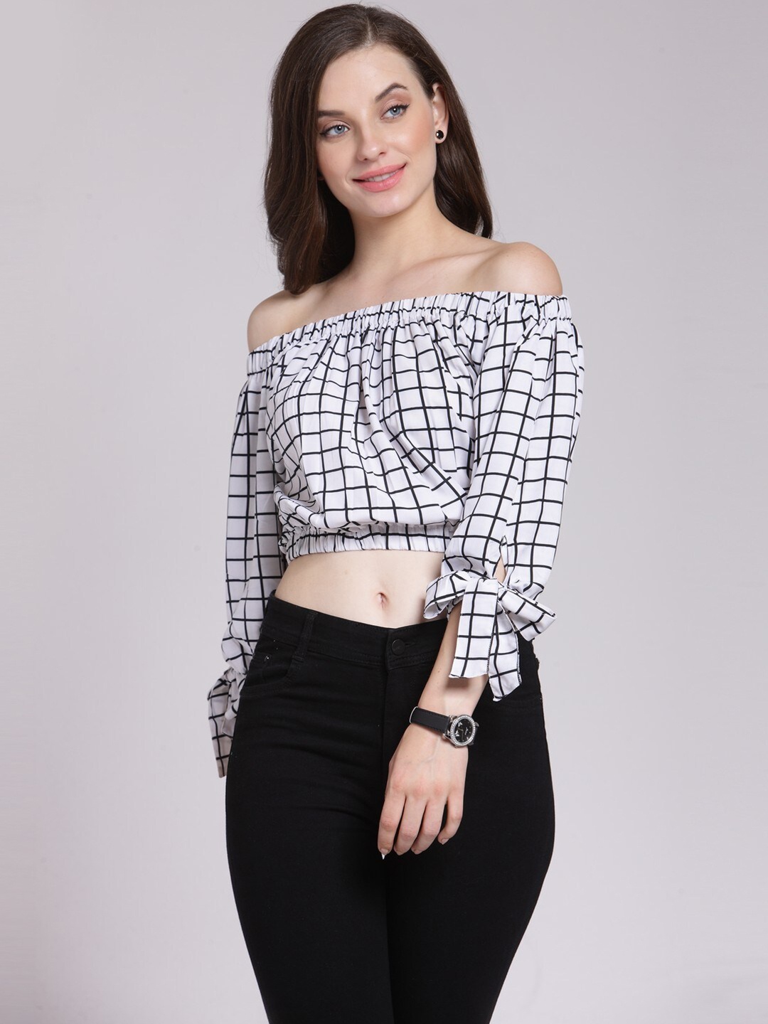 

BAESD Checked Off-Shoulder Crepe Bardot Crop Casual Top, White