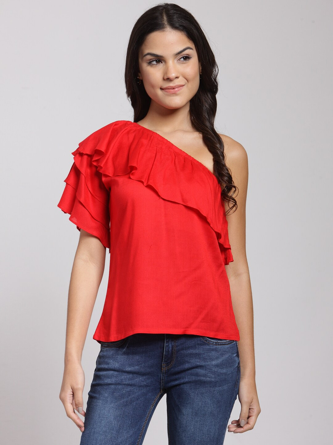 

BAESD One Shoulder Flutter Sleeves Regular Top, Red