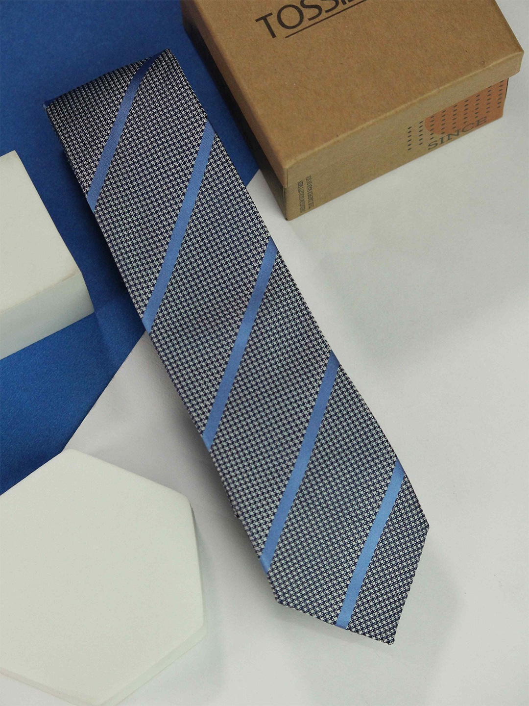 

Tossido Men Woven Design Skinny Tie, Blue